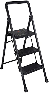 Topfun Folding 3 Step Ladder, Safety Lock Design, Sturdy Steel Ladder with Convenient Handgrip and Anti-Slip Wide Pedal, 300lbs Capacity, Portable Foldable Step Stool, Big Non-Slip 4-Feet (3-Step)