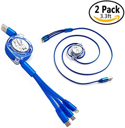 2 Packs 3.3ft Retractable USB Charging Cable, 3 in 1 Micro USB Type C Multi Charger Cord Compatible for All Phones Samsung, Moto, BlackBerry, LG, Apple XS XR X 8 7 6s Plus (Charging Only) (Blue)