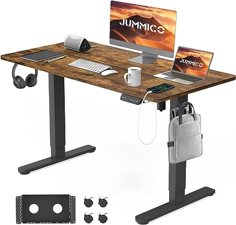 JUMMICO Electric Standing Desk with TypeC & USB Charging Port, Height Adjustable Desk Sit Stand Desk with Cable Tray, Stand Up Desk with 360° Wheels, 120 * 60cm Desktop (Vintage Brown)