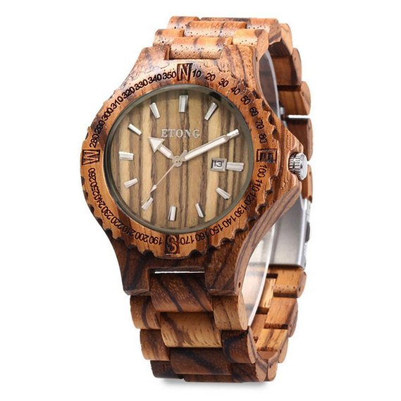 ETONG Men's Wooden WristWatches Date Wood Watch Adjustable Wood band Wristwatch Quartz Watches