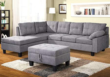 Harper & Bright Designs Sectional Sofa Set with Chaise Lounge and Storage Ottoman Nail Head Detail (Grey)