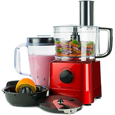 Andrew James Food Processor In Red, 700 Watts, 7 Attachments, 1.4L Processor Bowl, 1.8L Blender Jug