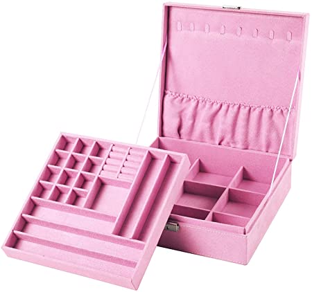 Sodynee Two-Layer Lint Jewelry Box Organizer Display Storage Case with Lock, Pink