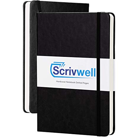 Scrivwell Dotted A5 Hardcover Notebook - 208 Dotted Pages with Elastic Band, Two Ribbon Page Markers, 120 GSM Paper, Pocket Folder - Great for Bullet journaling - Black