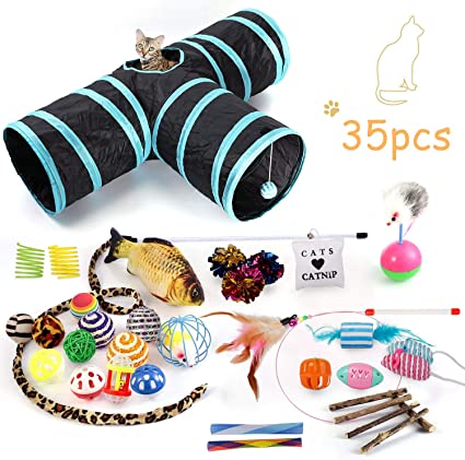 WERTYCITY 35pcs Cat Toys Kitten Toys Assortments, 3 Way Tunnel, Catnip Fish, Feather Teaser, Interactive Cat Feather Wand, Mice Balls and Bells Toys for Cat, Puppy, Kitty