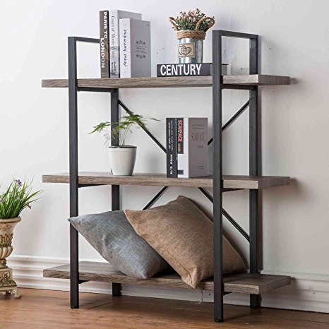HSH Furniture 3-Shelf Bookcase, Vintage Industrial Metal Display and Storage Tower, Dark Oak