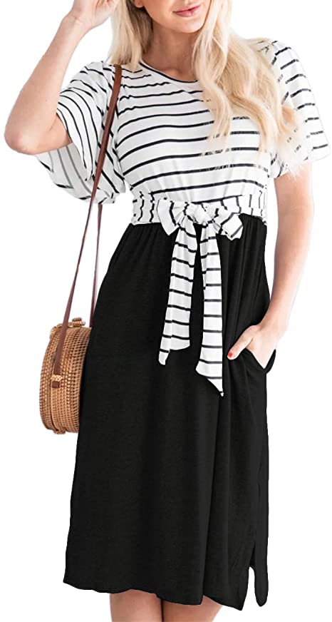 MEROKEETY Women's Summer Striped Ruffle Sleeves Tie Waist Pockets Casual Swing Midi Dress