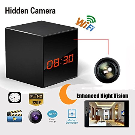 Hidden Spy Camera Wireless Network Nanny Camera Smart Clock WiFi Fluent Video Recorder with Enhanced Night Vision,Motion Detection,12&24 Hour Alarm Clock,Black