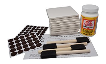 Annys© Coaster Tile Kit: Set of 10 Glossy White Ceramic Tiles 4 1/4 By 4 1/4 Each, Exclusive Guide for Tile Crafts, Mod Podge, 4 Sponge Craft Brushes and Felt Pads