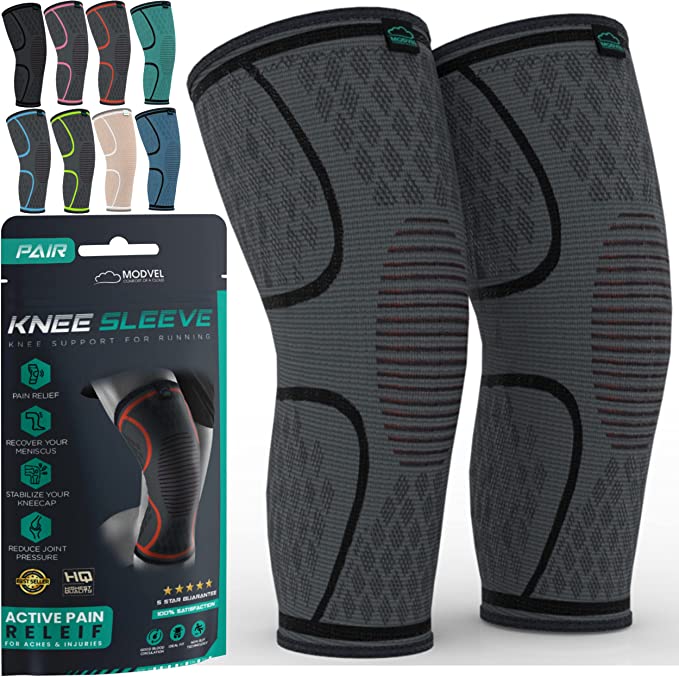 MODVEL 2 Pack Knee Compression Sleeve | Best Knee Brace | Knee Support for Arthritis, ACL, Meniscus Tear, Running, Biking, and Sports | Joint Pain Relief.