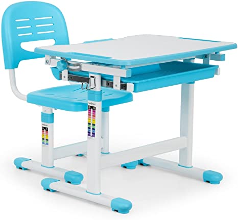 OneConcept Tommi Children's Desk Set - 2 Pieces, Table, Chair, Height Adjustable, Ergonomic, Grows with your Child, Tiltable Table Top, Seat and Leaning Surface with Ventilation Slots, Blue