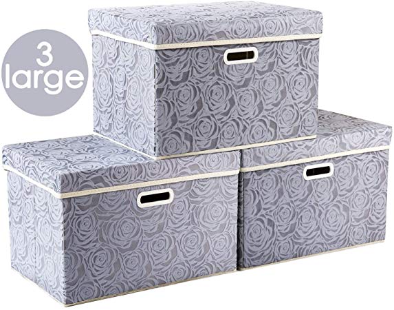 Prandom Larger Collapsible Storage Boxes with Lids Fabric Decorative Storage Bins Cubes Organizer Containers Baskets with Cover Handles for Bedroom Closet Living Room Gray 17.7x11.8x11.8 Inch 3 Pack