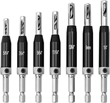 QWORK Vix Bits Self Centering Clic Change Door Hinge Drill Bit Set High-speed steel, 5/64", 7/64", 9/64", 11/65", 5mm, 13/64", 1/4"(BLACK)