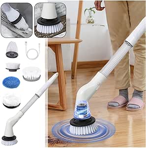 2024 New Electric Scrubbers High Speed Rotate Scrubbers with 5 Replaceable Brush Heads and Adjust Extension Handle New Power Cleaning Brush for Bathroom Floor Tile White