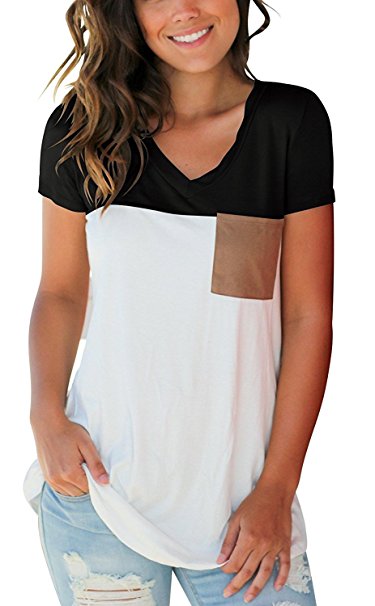 PARPERNA Women Short Sleeve T-Shirt Tops V Neck Casual Tee Summer Tops with Pocket