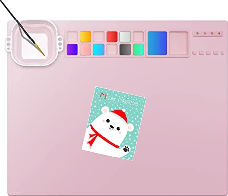 Pradory Silicone Art Mat,20"x16" Large Silicone Crafting Mat for Kids,Non-Stick Silicone Artist Mat with Water Cup/Sponge/12 Paint Dividers for Crafts,Painting,Art,Resin,Table,Clay,DIY Creations-Pink