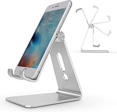 Adjustable Cell Phone Stand, OMOTON Aluminum Desktop Cellphone Stand with Anti-Slip Base and Convenient Charging Port, Fits All Smart Phones, Silver