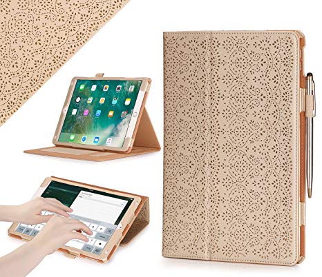 WWW Case for iPad Air 3 10.5 2019 and iPad Pro 10.5 2017, [Luxury Laser Flower] Premium PU Leather Protective Case with Auto Wake/Sleep Feature for iPad Air 3 10.5 2019/iPad Pro 10.5 2017 Gold