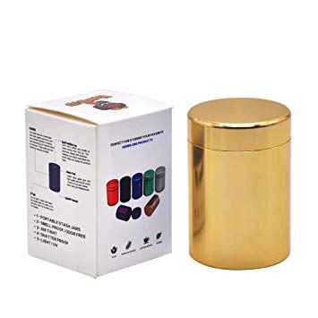 Stash Jar - Airtight Smell Proof Durable Multi-Use Portable Metal Herb Jar Container. Waterproof Aluminum Screw-top Lid Lock Odor -Gold