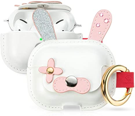 KINGXBAR Cute Rabbit Leather Protective Airpods Pro Cover Case, Airpods Pro Leather Case with Bling Crystals from Swarovski & Strap & Carabiner for Apple Airpods Pro(Front LED Visible)