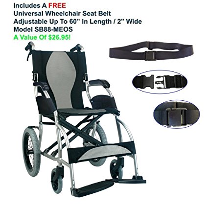 Karman S-2501F18SS-TP - Ergo Lite 18" Seat Width, Ultra Lightweight Ergonomic Transport Wheelchair Model S-2501, Pearl Silver,Fixed Wheel, Fixed Armrests, Fixed Footrests & FREE Wheelchair Seat Belt!