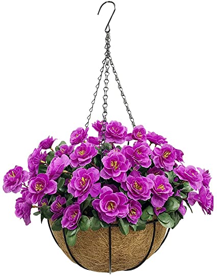 Lopkey Outdoor Artificial Red Azalea Bush Flower Patio Lawn Garden Hanging Basket with Chain Flowerpot,Purple