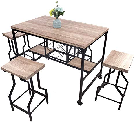 Dporticus 5-Piece Dining Set Industrial Style Wooden Kitchen Restaurant Table and Chairs with Metal Legs