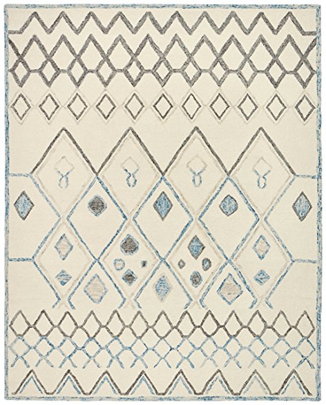 Rivet Geometric Boho Wool Rug, 8' x 10', Cream with Blue