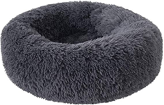 Soft Plush Round Donut Pet Bed for Cats or Medium Small Dogs,Cozy Pet Bed,Joint Relief and Improved Sleep,Machine Washable,Waterproof Bottom(S(20" Dx8 H) Dark Grey)