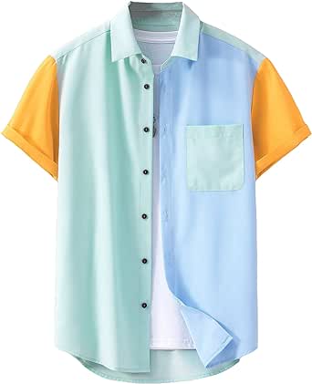 Milumia Men's Casual Button Up Shirt Pocket Short Sleeve Colorblock Blouse Tops