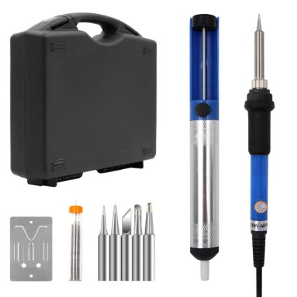 CIKIShield 6-in-1 Electronic Soldering Kit with Tool Box including Black 60W Adjustable Temperature Soldering Iron, Solder Sucker, Solder, Stand and Tips (6-in-1-Blue)