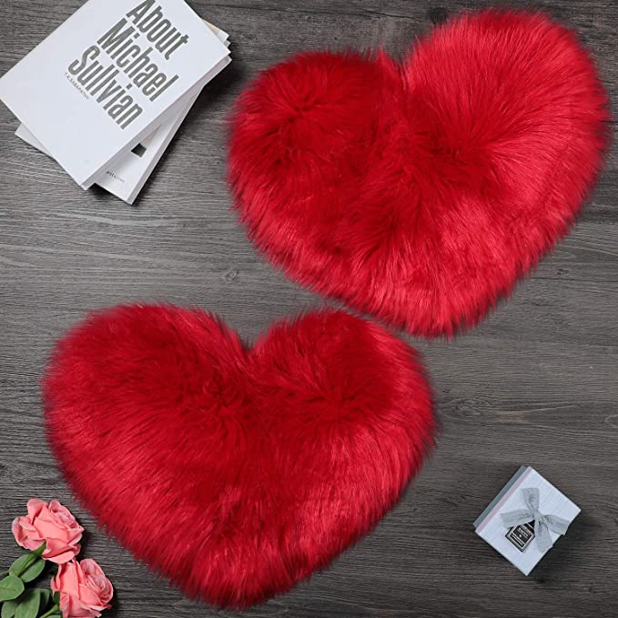 2 Pieces Fluffy Heart Shaped Rug Faux Area Rug Bushy Room Carpet for Home Living Room Sofa Floor Bedroom, 12 x 16 Inch (Red)