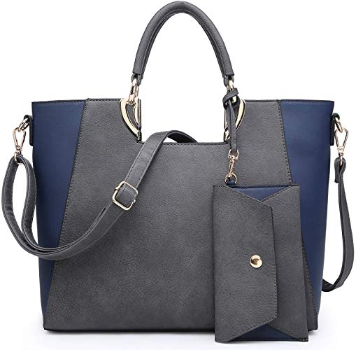 Womens Large Two Tone Handbag Structured Tote Fashion Satchel Bag Shoulder Bag with Matching Wallet