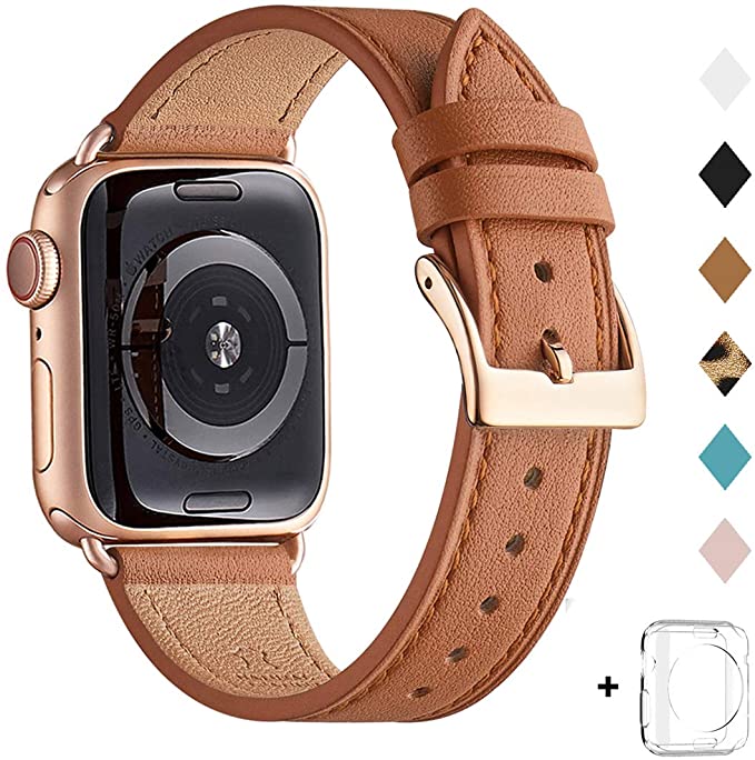 Bestig Band Compatible for Apple Watch 38mm 40mm 42mm 44mm, Genuine Leather Replacement Strap for iWatch Series 5/4/3/2/1, Sports & Edition(Brown Band Rose Gold Adapter 38mm 40mm)