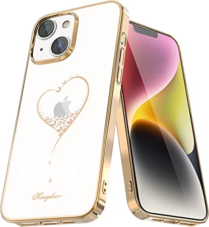 KINGXBAR for iPhone 14 Plus Case for Women Cute Luxury Bling Heart Shockproof Clear Protective Cover Phone Case for iPhone 14 Plus 6.7 inch 2022 Gold