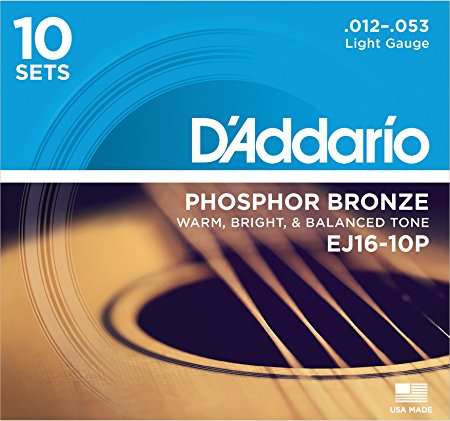 D'Addario EJ16-10P Phosphor Bronze Acoustic Guitar Strings, Light, 10 Sets