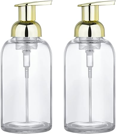 2 Pcs Foaming Soap Dispenser, Thick Glass Jar Soap Dispenser with Gold Foaming Pump, 13 Ounce Round Bottles Dispenser with Foaming Pump