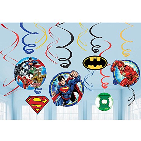 12 Justice League DC Comics Superhero Party Dangling Cutout Swirl Decorations
