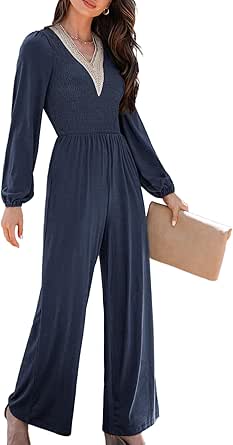 Dokotoo Women's Casual Loose Jumpsuits One Piece Long Sleeve Overalls Wide Leg Long Pant Rompers With Pockets