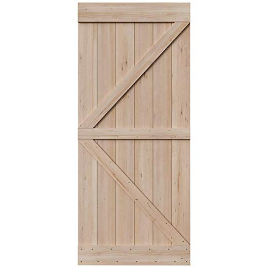 SmartStandard 36in x 84in Sliding Barn Wood Door Pre-Drilled Ready to Assemble, DIY Unfinished Solid Hemlock Wood Panelled Slab, Interior Single Door, Natural, Frameless K-Shape (Fit 6FT-6.6FT Rail)