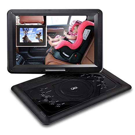QKK 14.1"Portable DVD Player, 5000mAh 6 Hours Battery Life, 1.8M Charging Cable, 270°Rotatable HD Display, Supports USB and SD Card, Data Replication to USB Stick, with 2 Headphones.