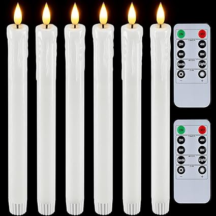 Homemory Real Wax LED Flameless Taper Candles with Timer, Dripless Battery Operated Window Candles with 3D Flickering Flame, 9.6 Inches White Flameless Candlesticks for Fireplace Christmas Halloween