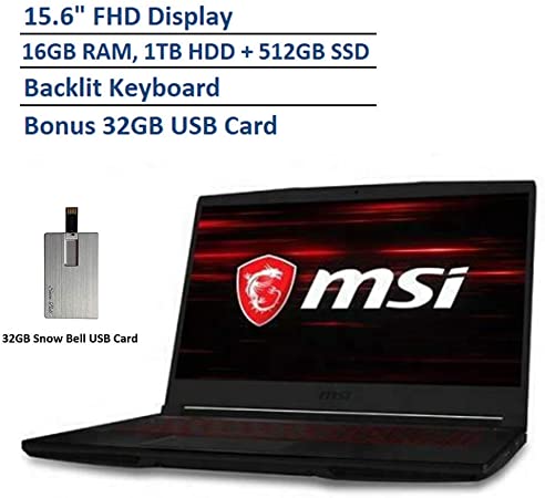 2020 MSI GF63 15.6" FHD Gaming Laptop Computer, Intel Core i5-9300H Processor, 16GB RAM, 1TB HDD   512GB SSD, Backlit Keyboard, NVIDIA GTX 1650 4GB, HDMI, Windows 10, Black, 32GB Snow Bell USB Card