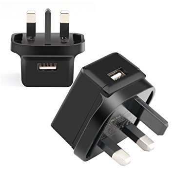 SOAIY 2-Pack UK Main Plug, USB Wall Charger, British 3 Pin Power Adapter - Black