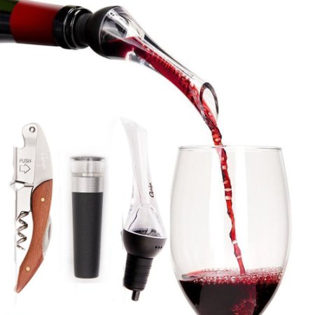 Wine Accessories Gift Set by Gaya - Wine Pourer Aerator, Wine Vacuum Pump & Rosewood Wine Corkscrew Opener - Wine Aerator for Red & White Wine - Wine Oxygenator