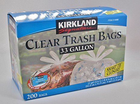 Kirkland Signature 33 Gallon Clear Trash Bags - 200 Bags with Smart Ties