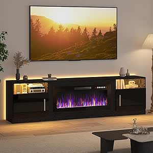 Lemberi Fireplace tv Stand with 36 inch Fireplace Up to 90" TVs, LED Light Entertainment Center and Storage, 80" Modern Wood Media TV Console with Highlight Cabinet for Living Room (Black)