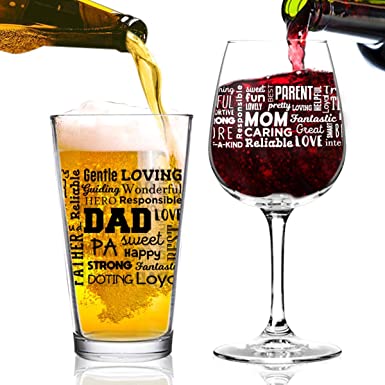 Mom Wine & Dad Beer | Premium Wine & Pint Glass Set with Loving Words Printed Front & Back | Birthday Present for Mom and Dad | Anniversary Gifts & New Parents Gifts | New Mom and New Dad Gift Ready