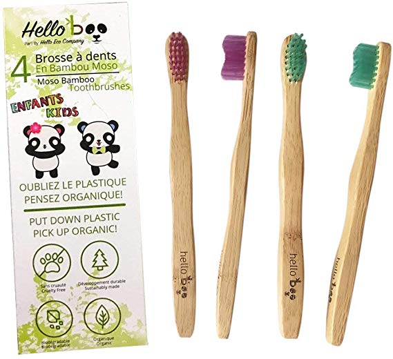 Bamboo Toothbrush for Kids | 4 Pack Biodegradable Tooth Brush Set | Organic Eco-Friendly Moso Bamboo with Ergonomic Handles and Soft Nylon Bristles | by Hello Eco Company