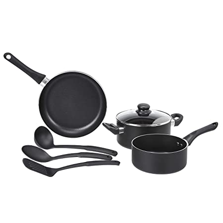 AmazonBasics 6 Piece Non-Stick Aluminium Cookware Set, Saucepan, Fry Pan (without Induction Base), Black